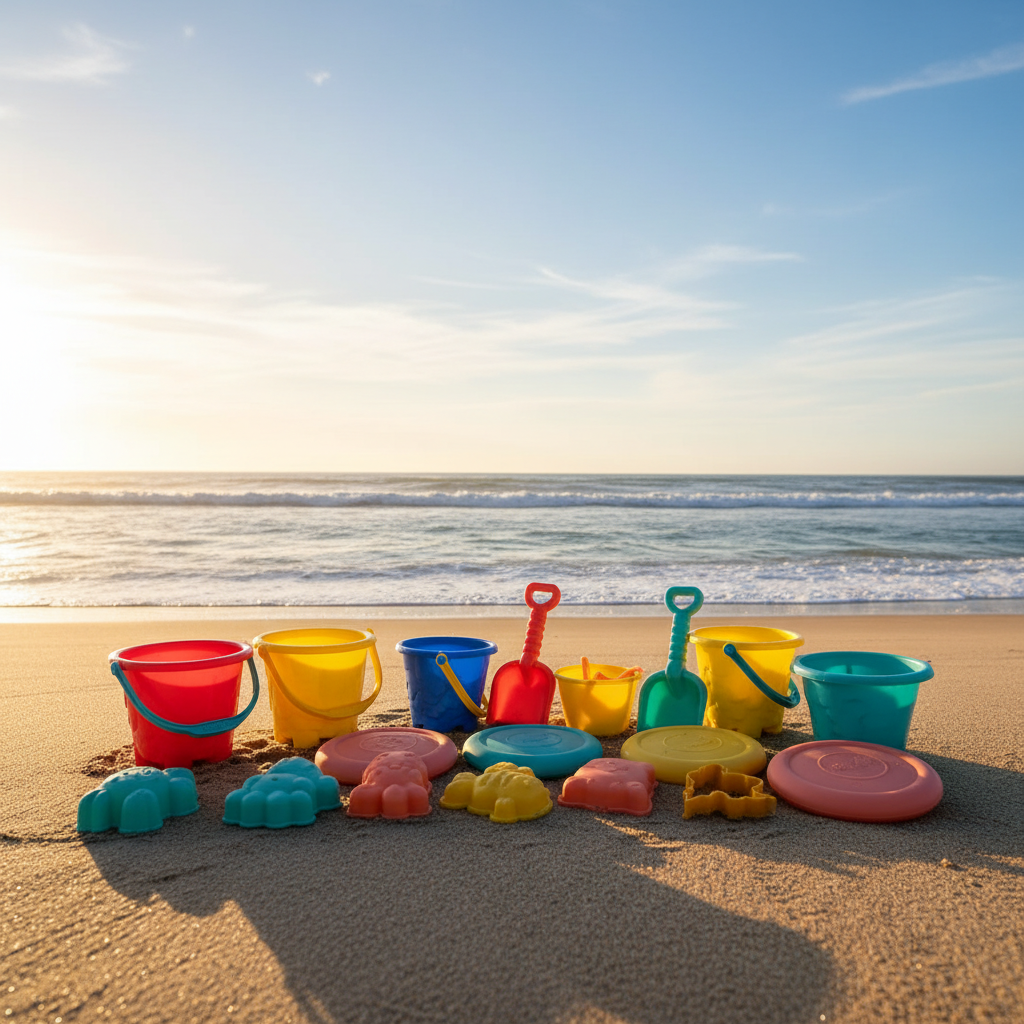A bright, sunny beach scene with a collection of colorful silicone and plastic beach toys like buckets, shovels, and sand molds scattered on the sand, with gentle waves in the background.