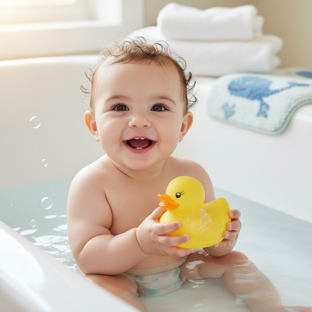 A happy 9-month-old baby sitting in a bathtub with warm water, safely holding a colorful, solid rubber duck toy. The scene is well-lit, clean, and focuses on safety and joy.