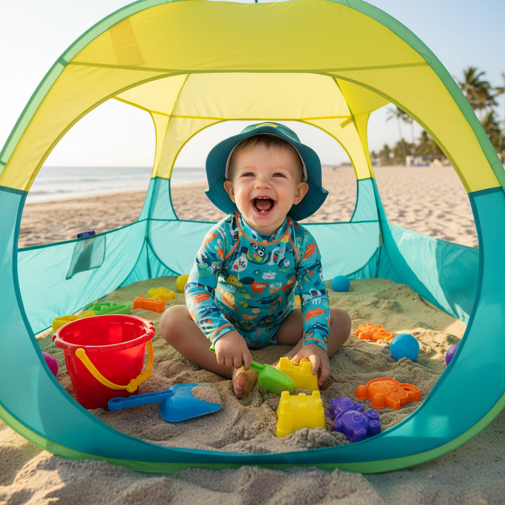 A happy toddler playing in the sand under a colorful beach tent, with safe plastic toys scattered nearby.