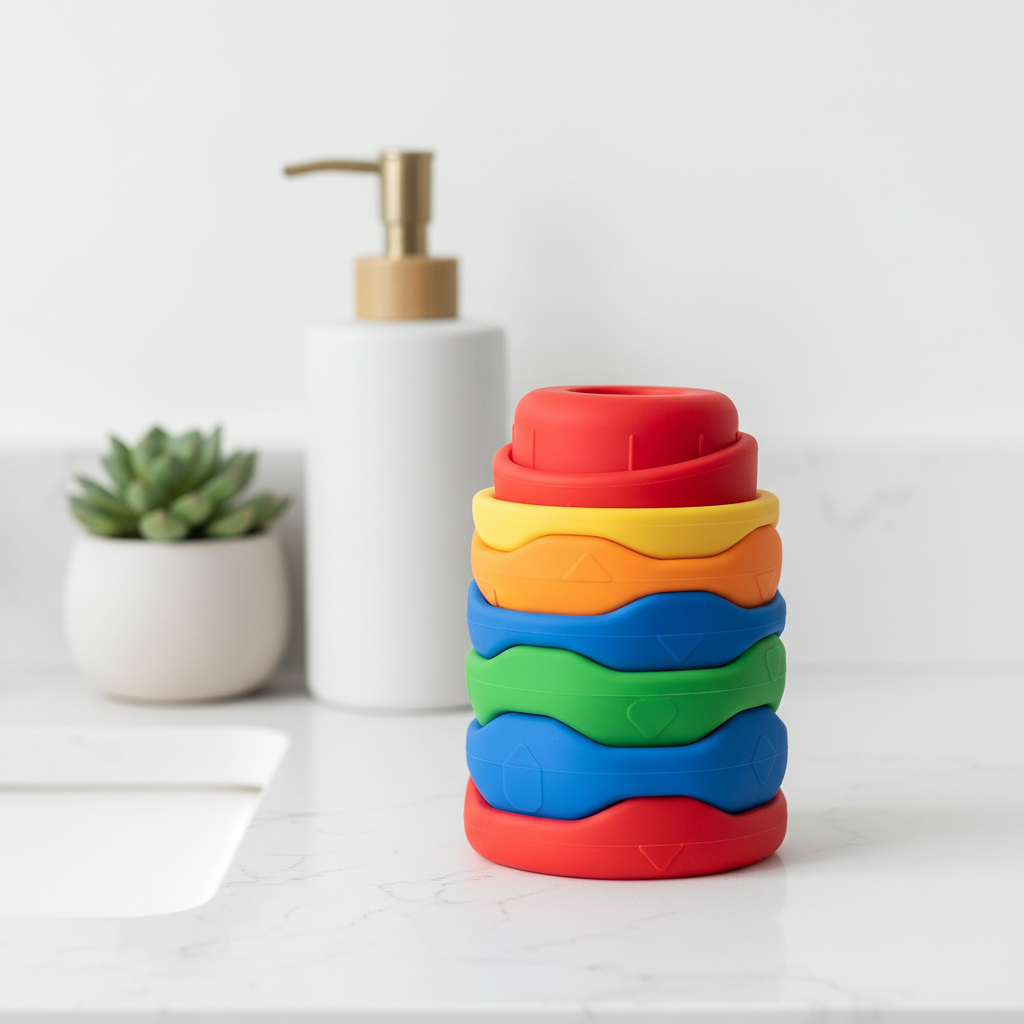 A bright, modern bathroom counter with a neat stack of colorful, collapsible bath toys next to a sleek soap dispenser, showcasing space-saving design.