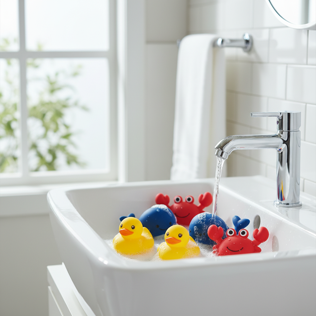 A collection of colorful silicone bath toys, including ducks and animal shapes, being cleaned in a bright, clean bathroom sink with natural light.