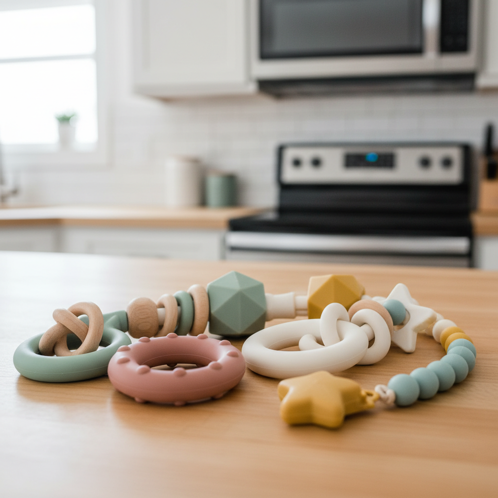 A collection of colorful, soft silicone baby toys arranged neatly on a clean, light-toned wooden kitchen countertop, with a modern microwave visible in the background, conveying safety and hygiene.