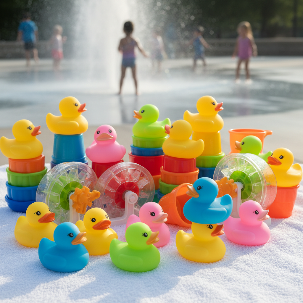 A vibrant, sunlit collection of colorful bath toys arranged on a clean, dry surface, with a splash pad visible in the soft background.
