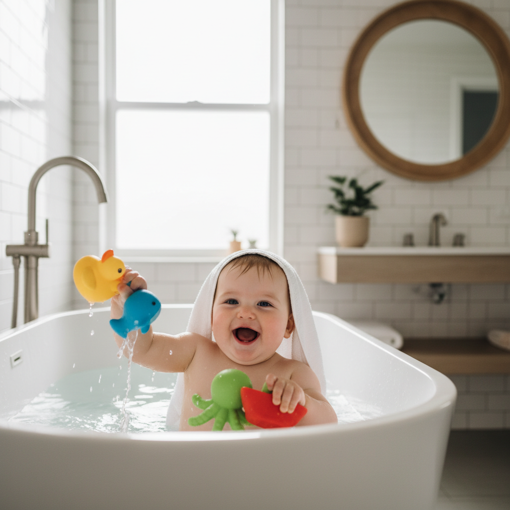 A happy baby plays with vibrant, colorful silicone bath toys in a clean, well-lit bathtub.