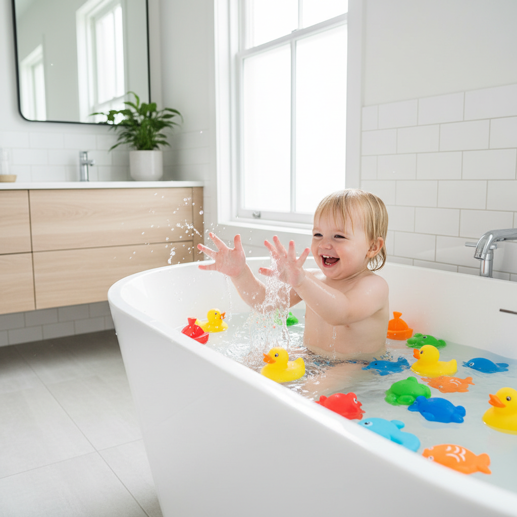 A bright, clean bathroom with a toddler happily playing with colorful, squeezable bath toys in a bathtub filled with water.