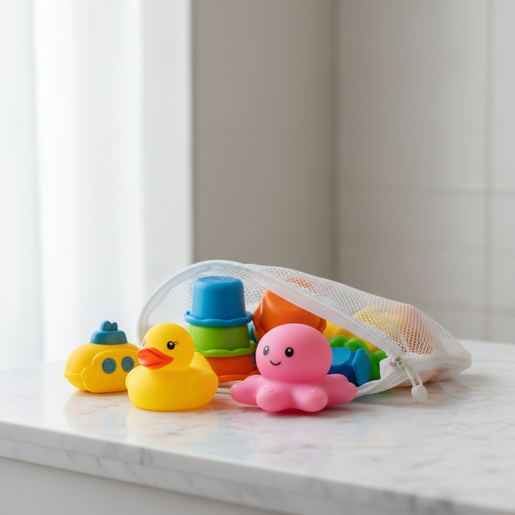 A curated travel bath toy kit for babies, featuring colorful waterproof toys neatly organized in a mesh travel bag on a clean hotel bathroom counter