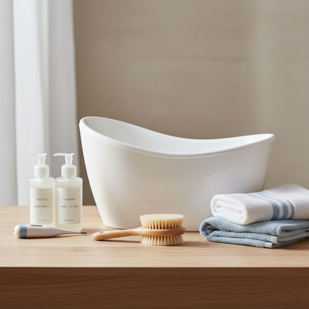 A clean, modern arrangement of baby hygiene essentials including a white baby bathtub, organic cotton towels, gentle baby wash, and a digital thermometer on a light wooden surface with soft natural lighting