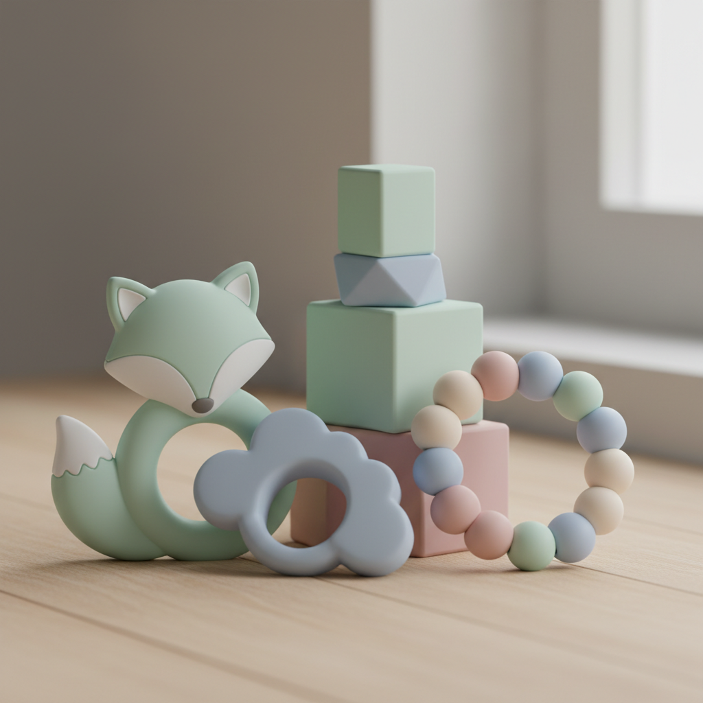 A collection of clean, well-maintained silicone baby toys and teethers arranged aesthetically on a light wood surface with soft natural lighting