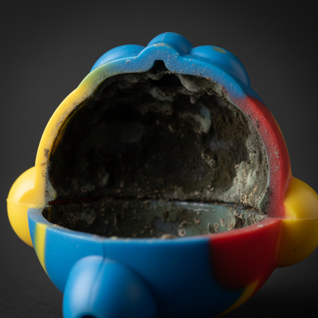 Cross-section view of a squirt toy showing black mold growth inside the hidden reservoir, with clean exterior appearance