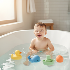 Smiling baby in bathtub with floating colorful bath toys