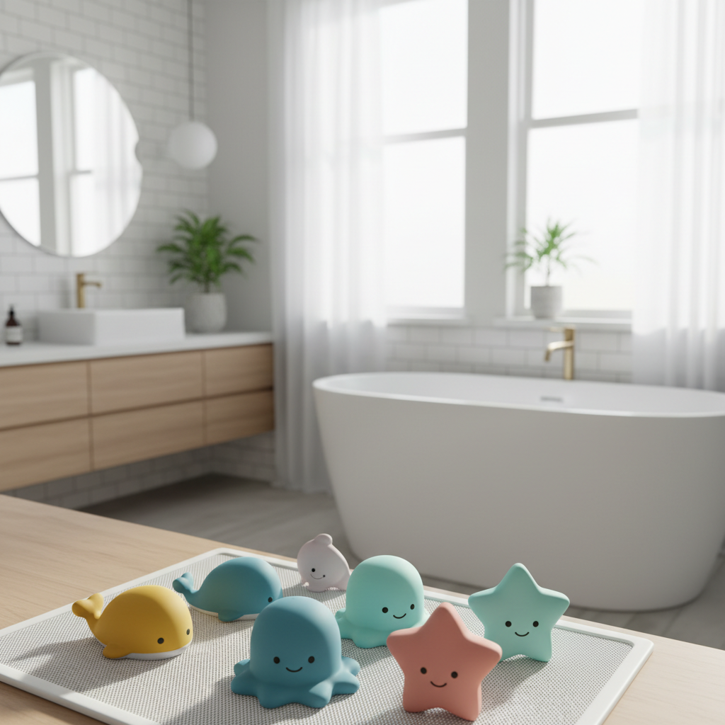 A clean, modern bathroom with hygienic, no-hole silicone bath toys arranged neatly on a mesh drying rack.
