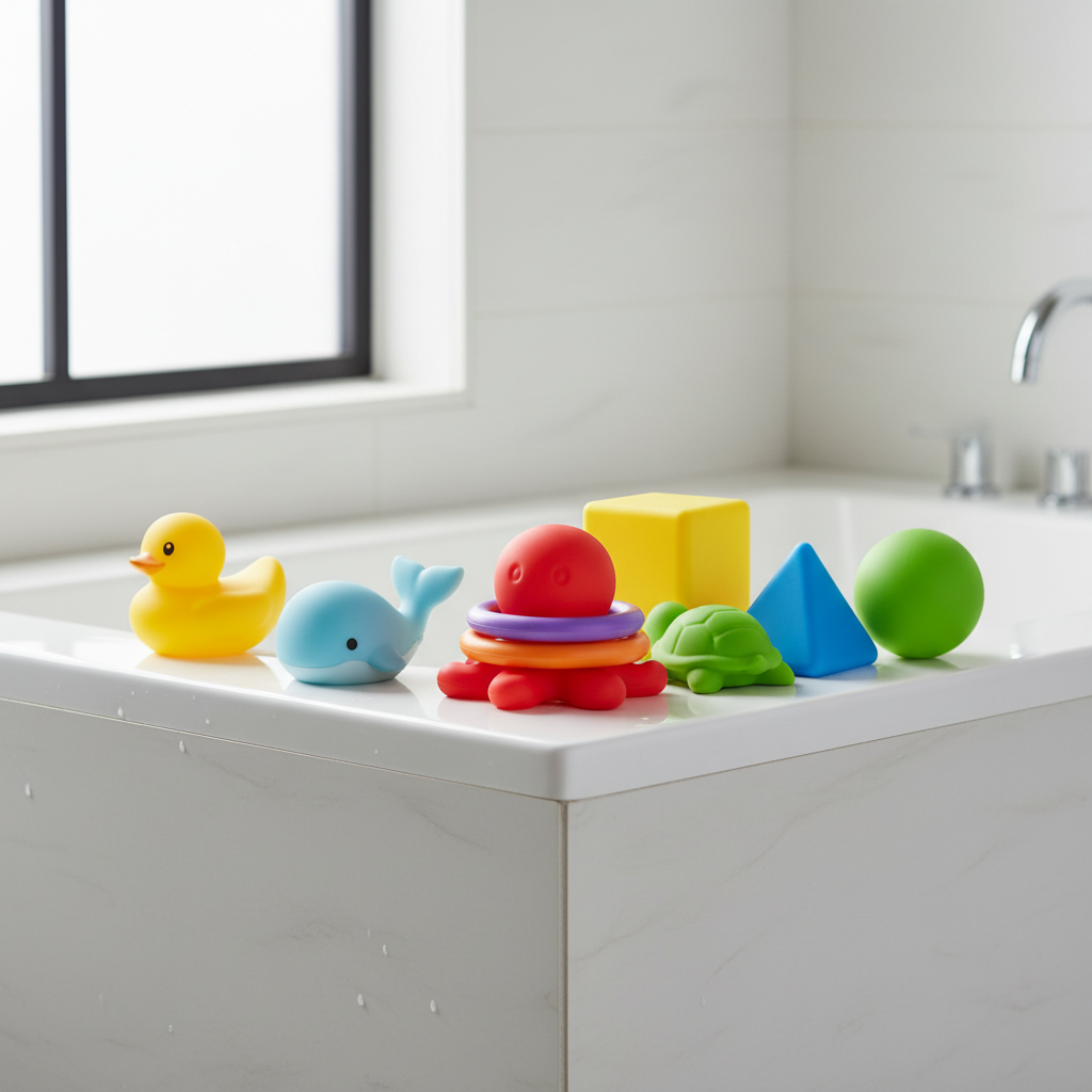 Colorful no-hole sealed bath toys including floating animals and octopus ring stacker arranged on a clean white bathtub edge with soft lighting