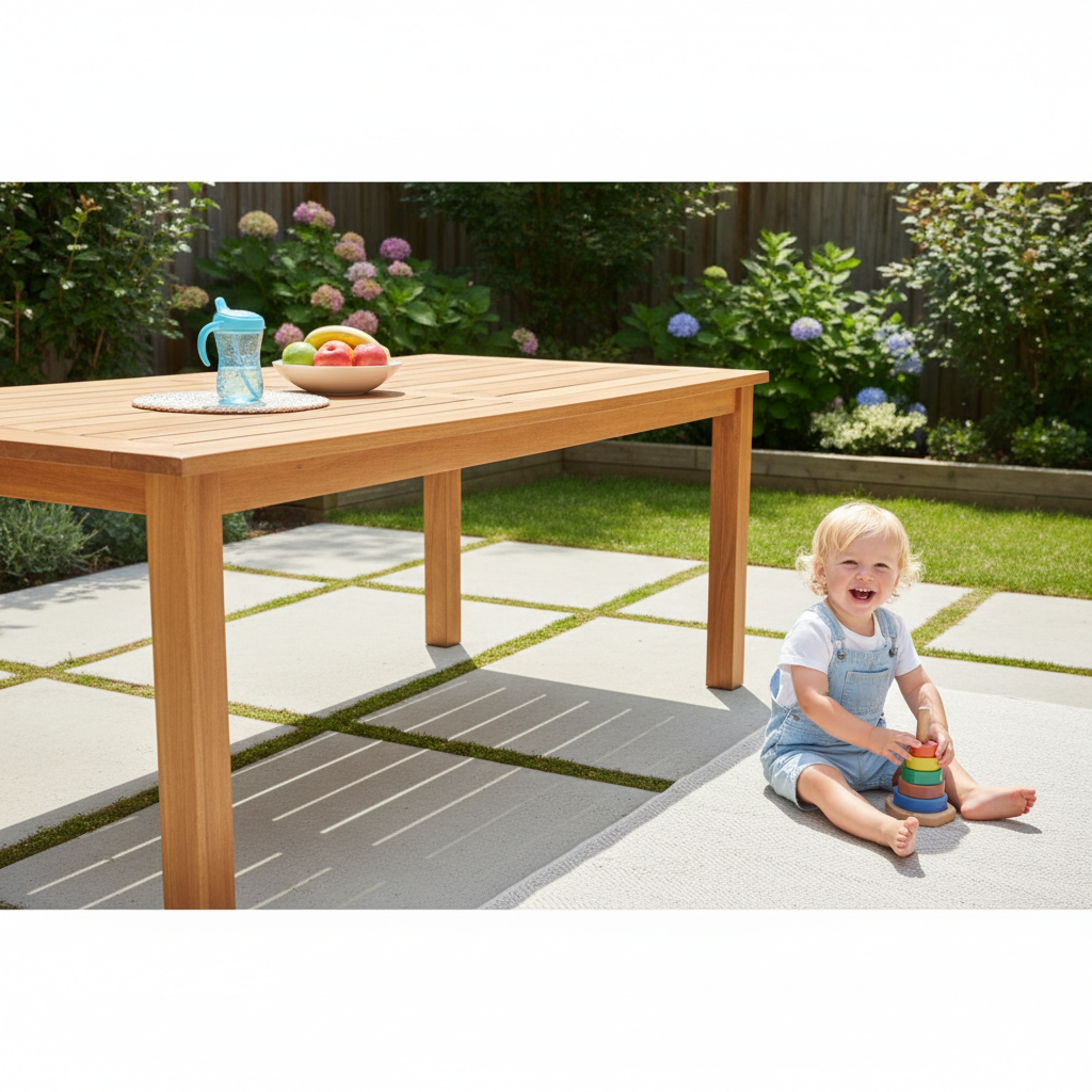 A bright backyard table with a happy toddler nearby, showing a clean, mold-free outdoor surface in daylight.