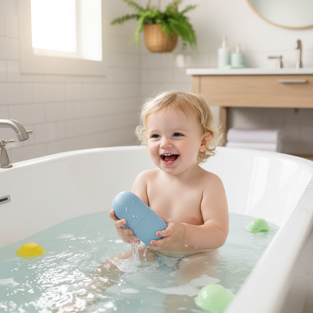 A happy toddler playing with a modern sealed silicone squirt toy during a bright, clean bath time scene.