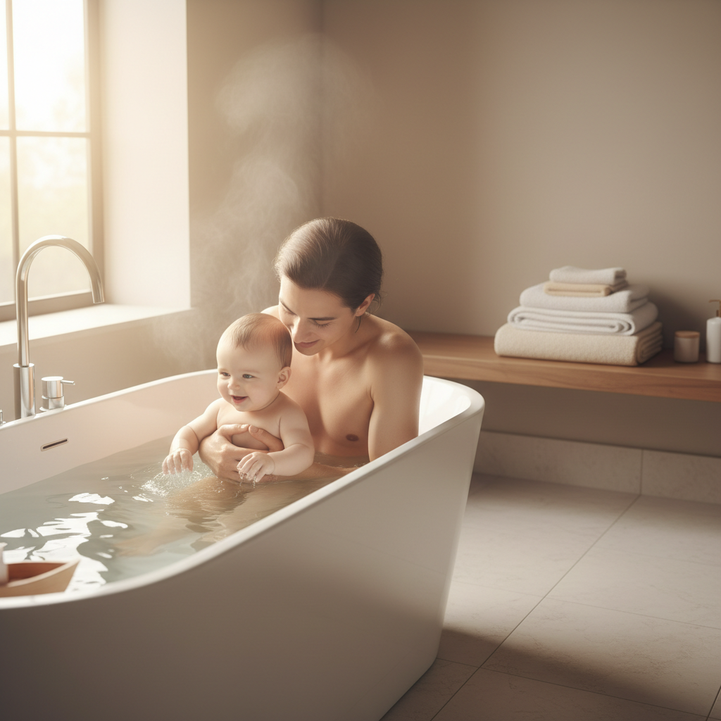 A parent gently bathing a baby in a clean, warm bathroom with soft light and a calm, hygienic atmosphere.