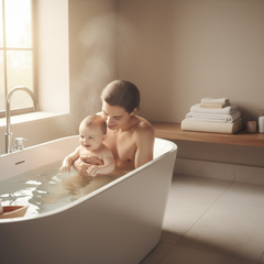 A parent gently bathing a baby in a clean, warm bathroom with soft light and a calm, hygienic atmosphere.
