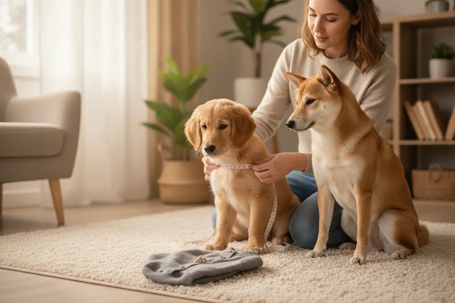 Owner measuring a small dog chest girth with a soft tape measure at home