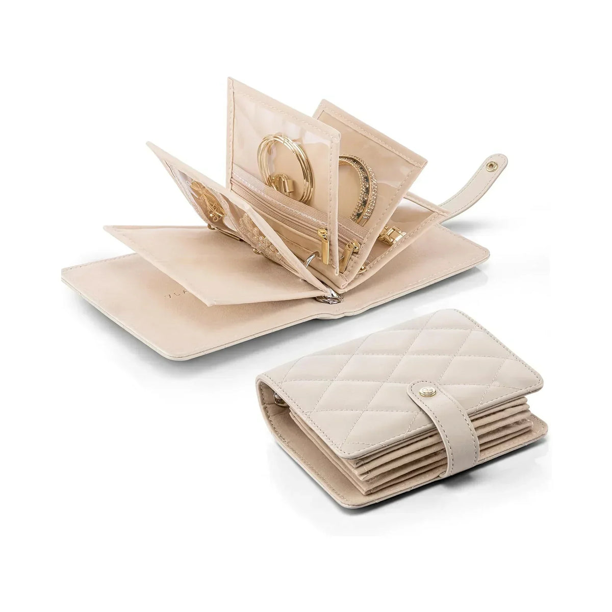 An open travel jewelry case showing necklace hooks, ring rolls and earring compartments