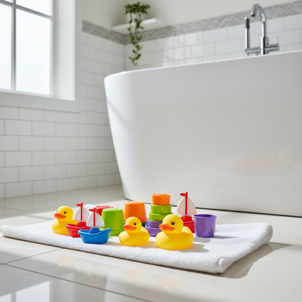 A bright, clean nursery bathroom with a collection of sanitized bath toys neatly arranged on a dry, white towel.