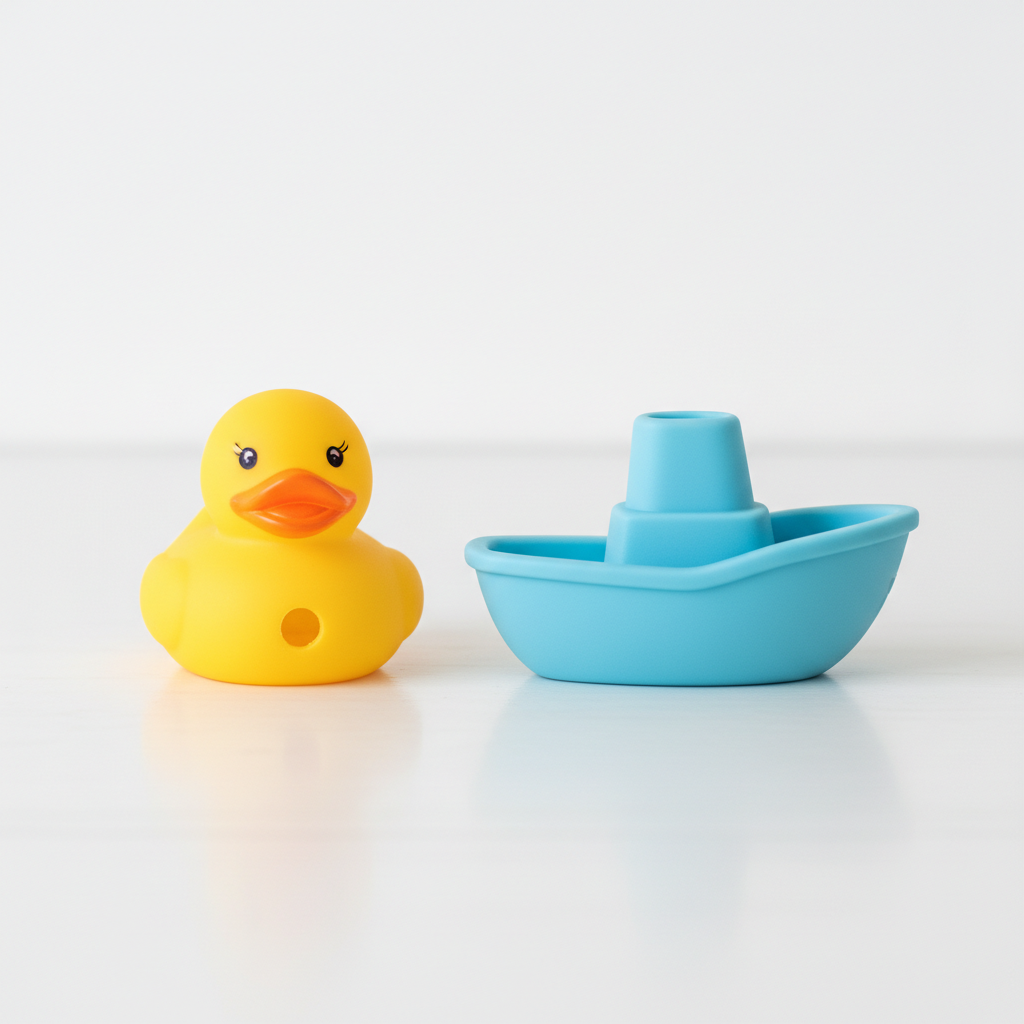 Close-up comparison of a traditional squeezable bath toy with a hidden hole versus a modern, solid one-piece bath toy, both placed on a clean white surface.