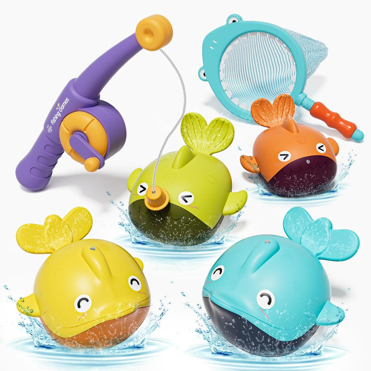 A set of colorful rechargeable musical bath toys, including a purple frog, a green fish, a yellow bird, a blue whale, and a gray shark toy with a musical note and water spray feature.