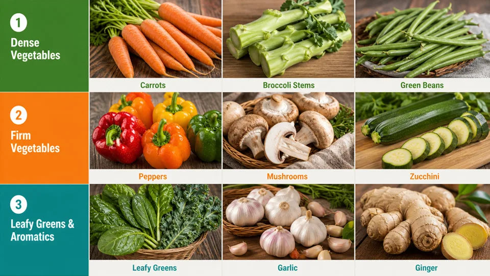 Grid of nine labeled vegetable photos in three color-coded rows: dense vegetables, firm vegetables, and leafy greens with aromatics.