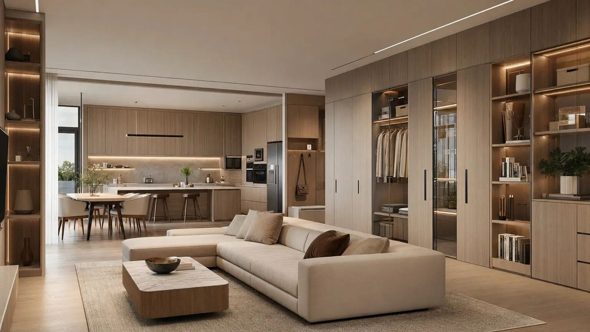 Modern beige sectional sofa in a minimalist open-plan living room with wood kitchen cabinetry