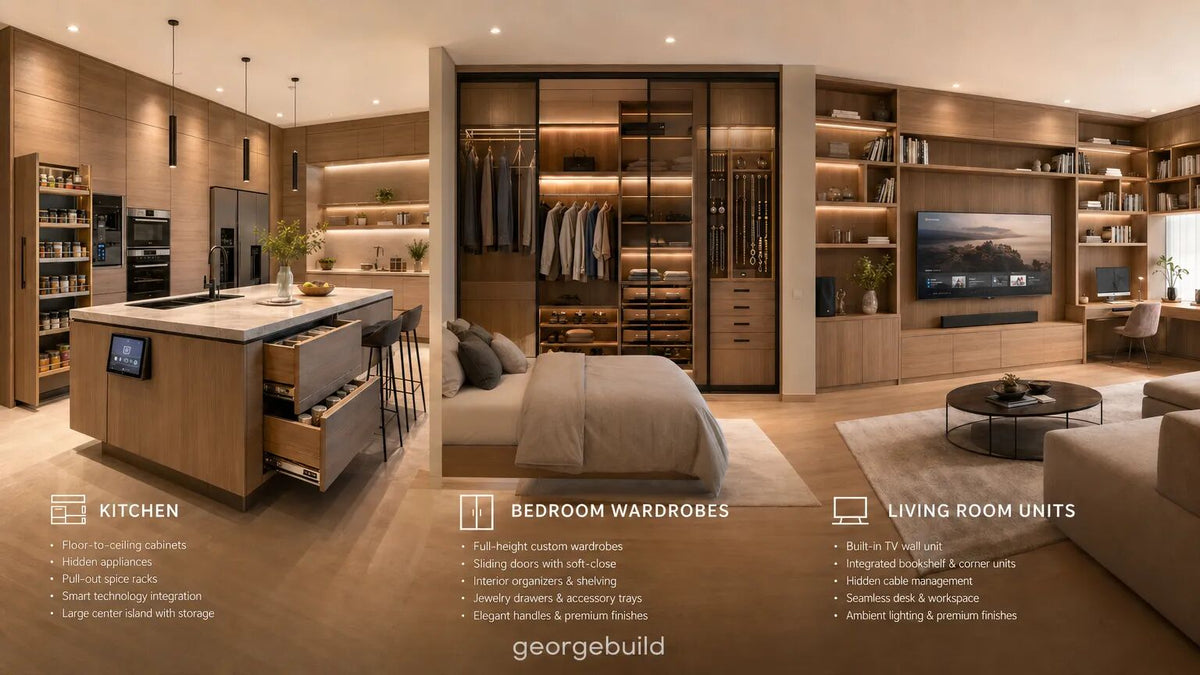 Luxury open-plan kitchen, bedroom wardrobes, and living room built-ins in warm wood finish