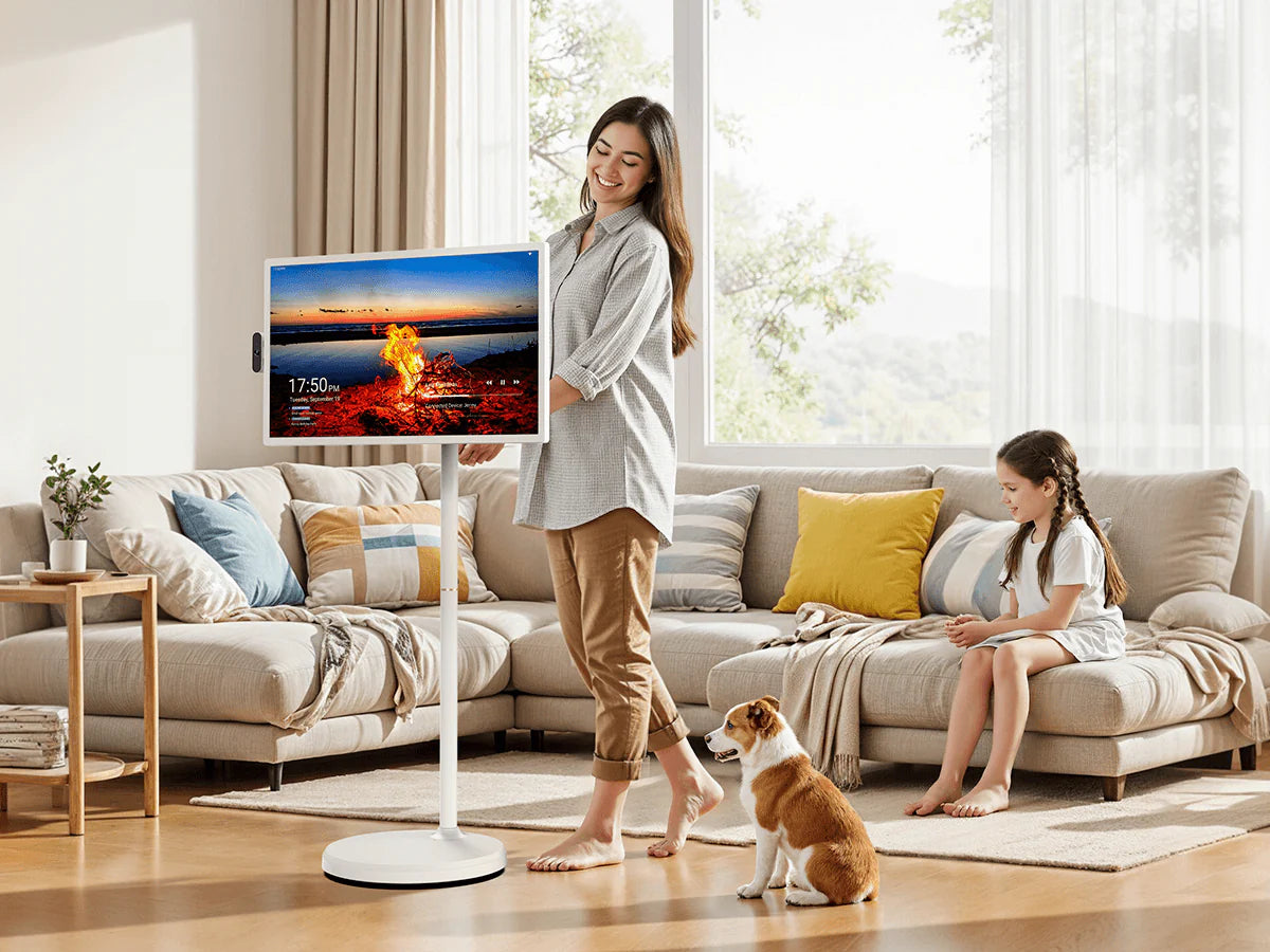 Portable standing TV on white base in bright living room, with woman, child and dog