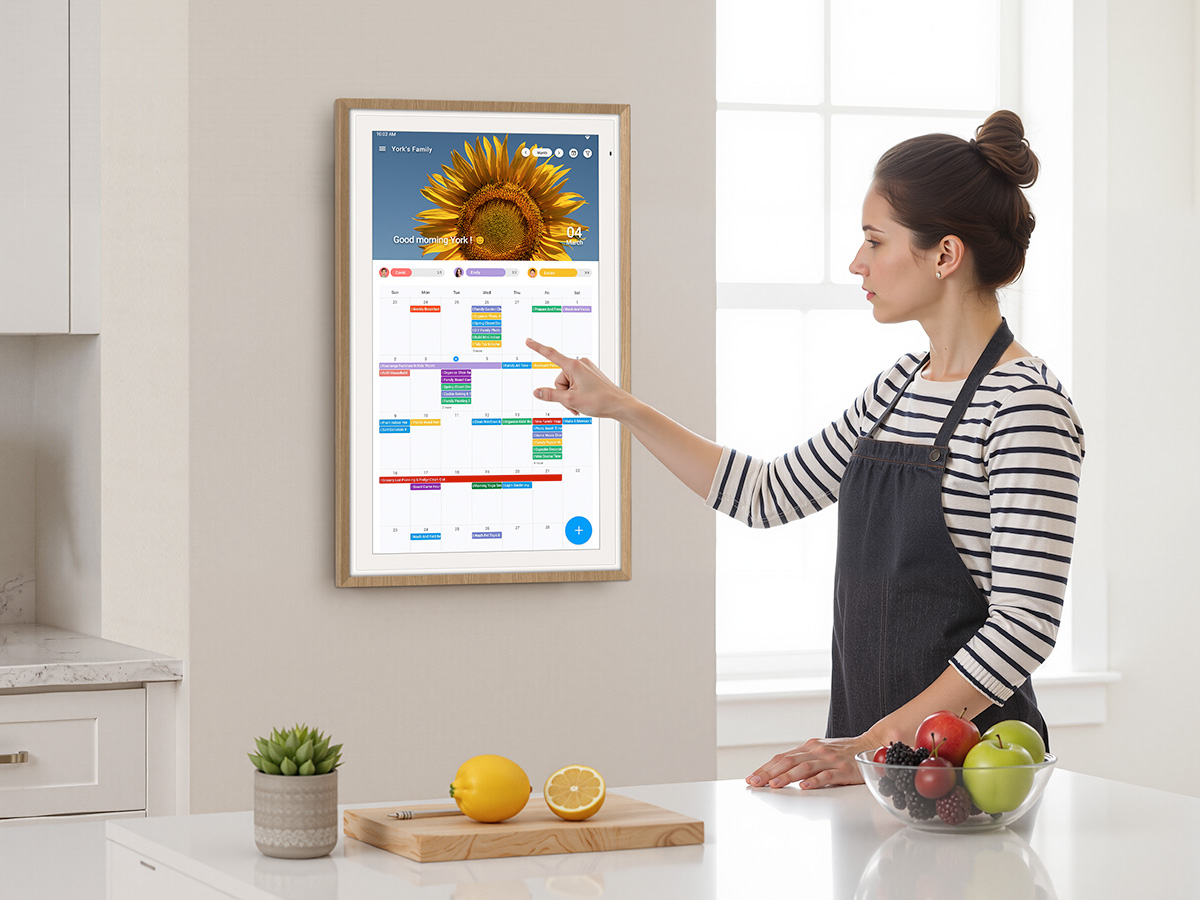 Touchscreen family calendar display in a kitchen